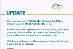 Nirsal Microfinance Bank has reopened portal for the Non-Interst Banking window of COVID-19 Targeted Credit Facility and AGSMEIS Loan known as NIB COVID-19 Loan/AGSMEIS Loan- Apply Now