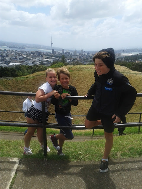 My kids on Mt Eden overlooking Auckland City