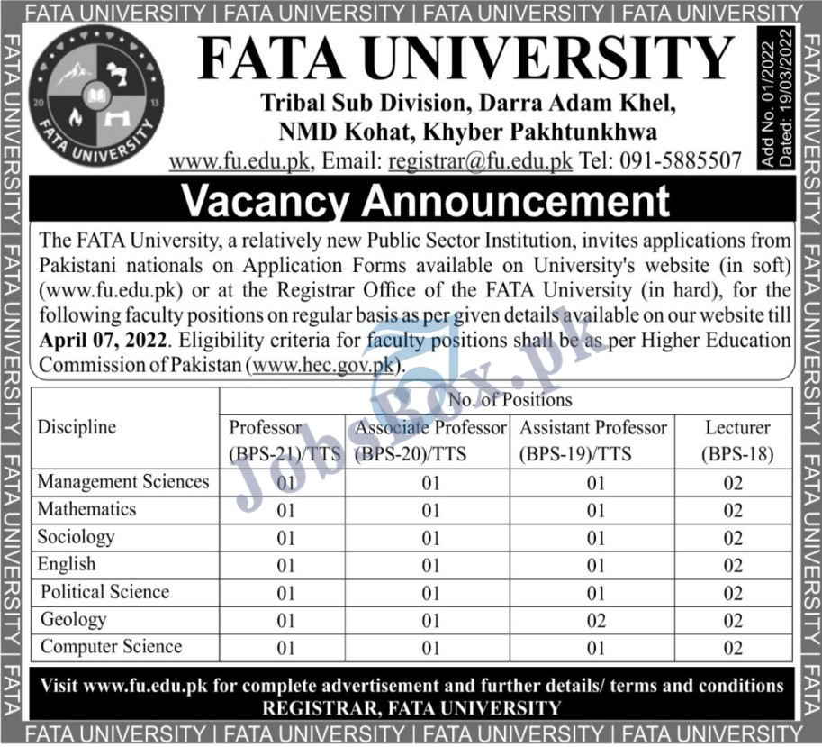Fata University Jobs 2022 in Pakistan