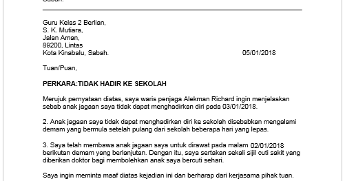 Contoh Surat Rasmi Tidak Hadir Ke Sekolah Kerana Sakit