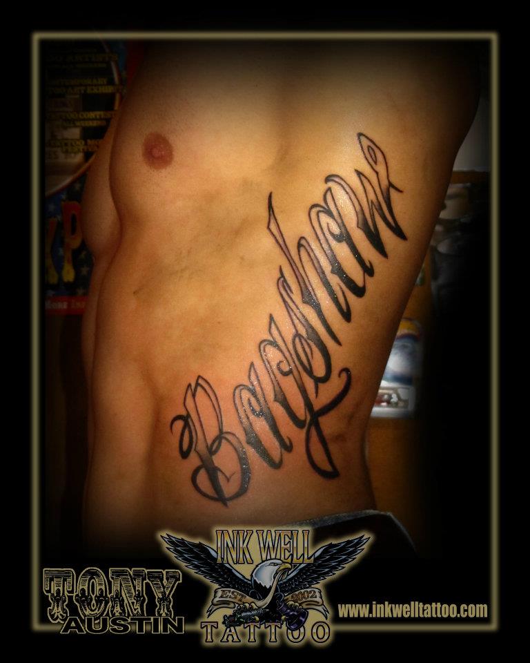Rib Tattoo Bagshaw A cool Text Tattoo of a Last Name I did in March this