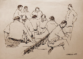 Dibujo de Joaquim Francés i Martínez, Partida de ajedrez en plena calle - 1997