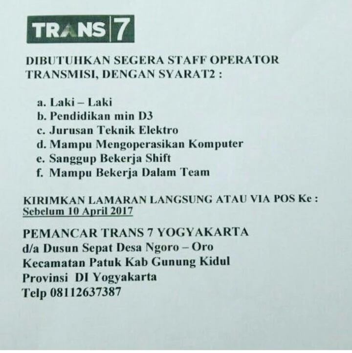 Lowongan Kerja TRANS7 Gunung Kidul Yogyakarta