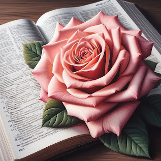 A pink rose resting on a Bible opened to the first page of Revelation.