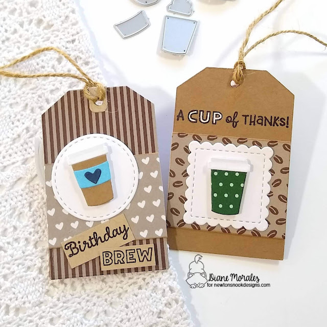 Coffee Tags by Diane Morales | Coffee Silhouettes Die Set, Heartfelt Coffee Stamp Set, Fancy Edges Tag Die Set and Coffee House Stories Paper Pad by Newton's Nook Designs