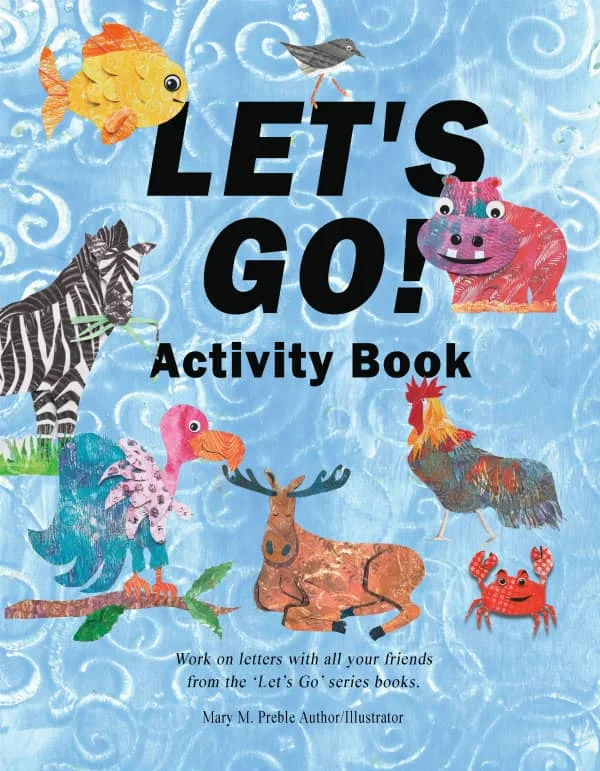 cover of Let's Go Activity Book for children features paper collage illustrations of animals such as zebra, crab, moose, fish, and more on swirly blue and white background
