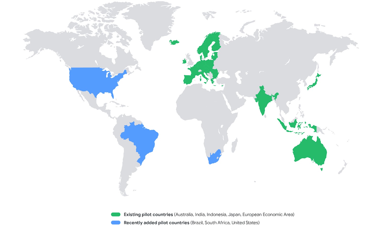 Greyscaled world map highlighting existing pilot countries in green (Australia, India, Indonesia, Japan, European Economic Area) and recently added pilot countries in blue (Brazil, South Africa, United States)