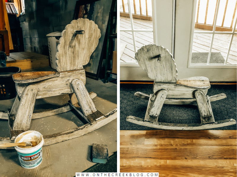 Transformed vintage rocking horse with a fresh coat of paint and a newly stained seat, perfect for home decor or a child's playtime. | on the creek blog // www.onthecreekblog.com