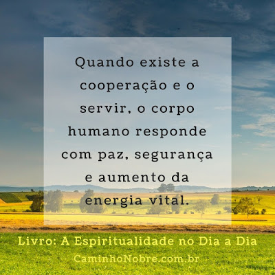 Quando existe a cooperação e o servir, o corpo humano responde com paz, segurança e aumento da energia vital. Livro: A Espiritualidade no Dia a Dia