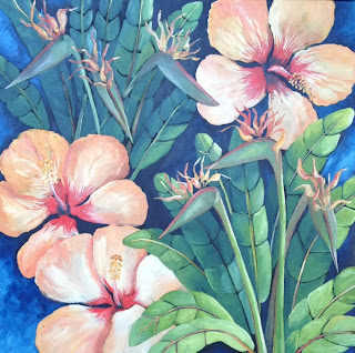 Birds and Biscus flower painting by Pamela Hunt Lee