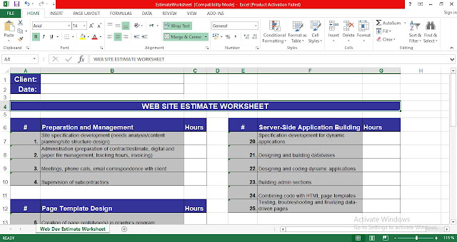 Web site estimate worksheet template excel free download