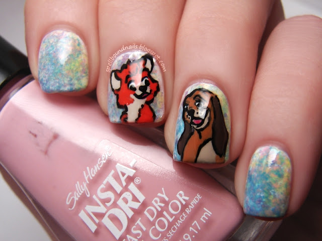 Disney nail art Challenge The Fox and The Hound Tod Copper footprints dog character nails Spellbound Nails Nail Lacquer watercolor saran wrap stickers freehand hand-painted