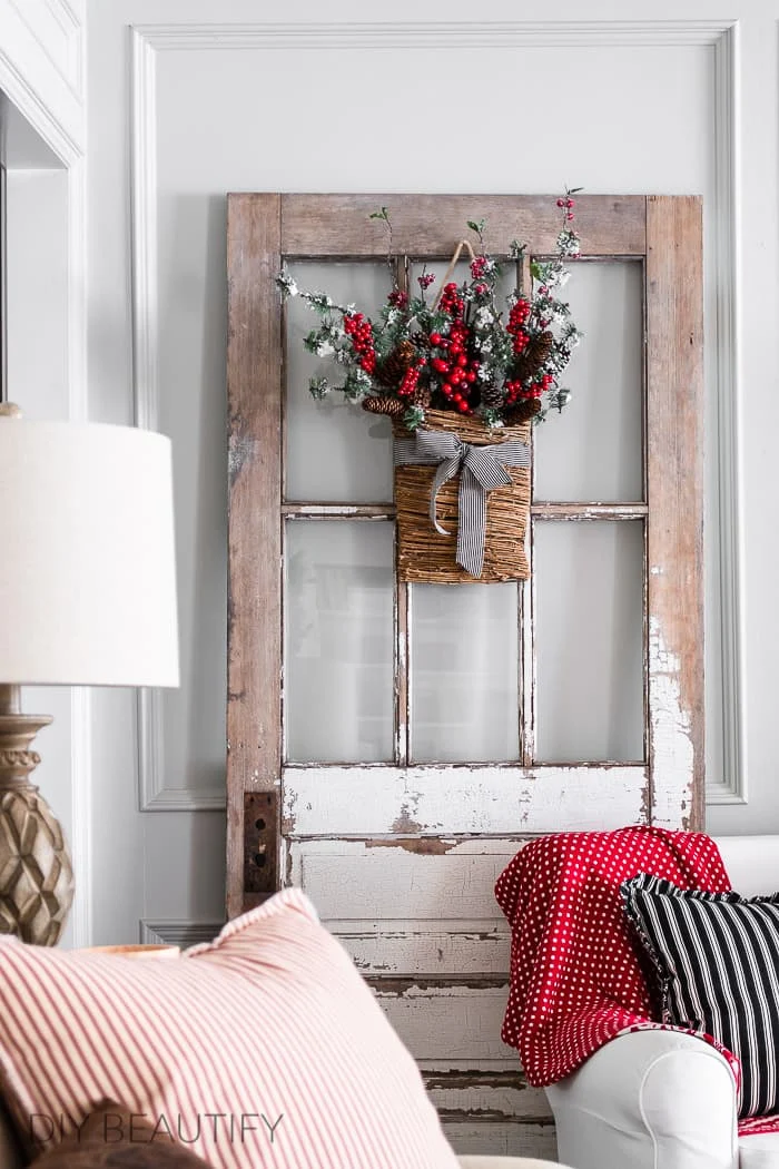 antique door with Christmas basket