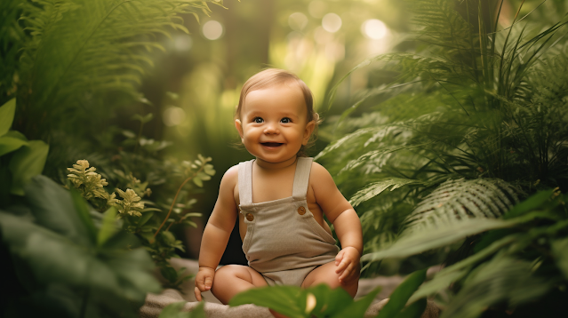 Baby in Biodegradable Diapers surrounded by greenery