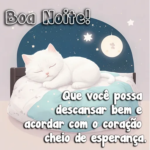 Desenho Kawaii de um Gatinho Branco Dormindo com uma Mensagem de Boa Noite