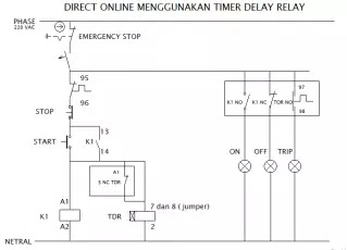 Wiring diagram direct online (dol) starter menggunakan timer delay relay (tdr).webp