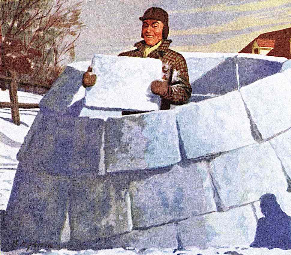 a James R. Bingham illustration detail, dad building an igloo in the suburbs