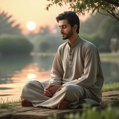رجل يجلس بهدوء في مكان طبيعي أو بسيط، يعكس حالة من الراحة النفسية والتأمل الداخلي