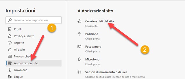 dati del sito su microsoft edge