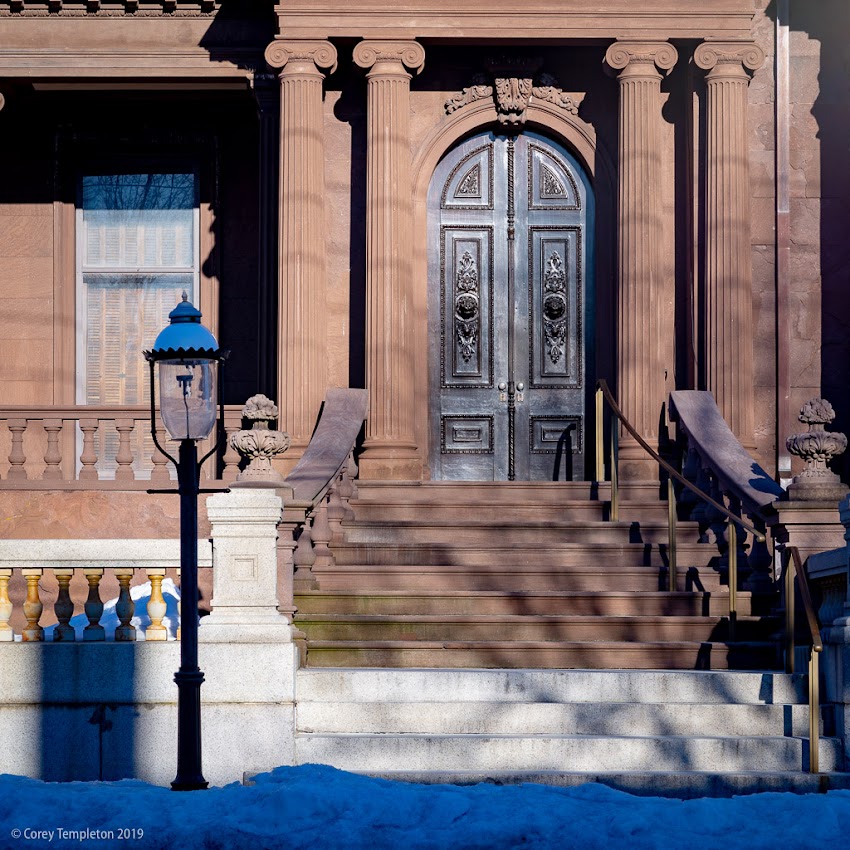 Portland, Maine USA February 2019 photo by Corey Templeton. The (somewhat imposing) entry to the Victoria Mansion on Danforth Street. 