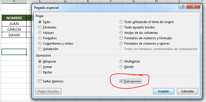 transponer datos en excel