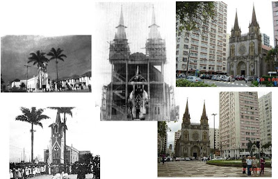 Montagem sobre fotos de como era a Igreja do Embaré em 1922 e nos dias atuais