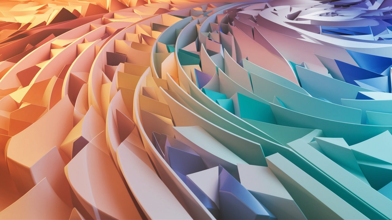 3D abstract background filled with an array of vibrant colors and geometric shapes