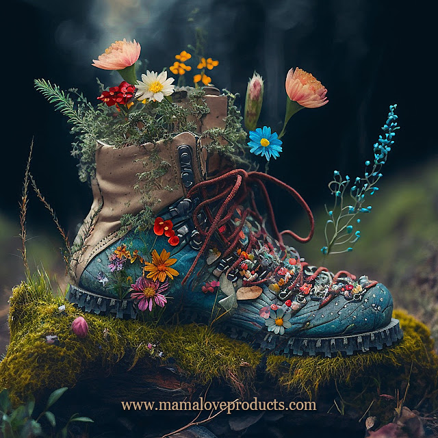 Wildflowers growing out of a hiking boot.