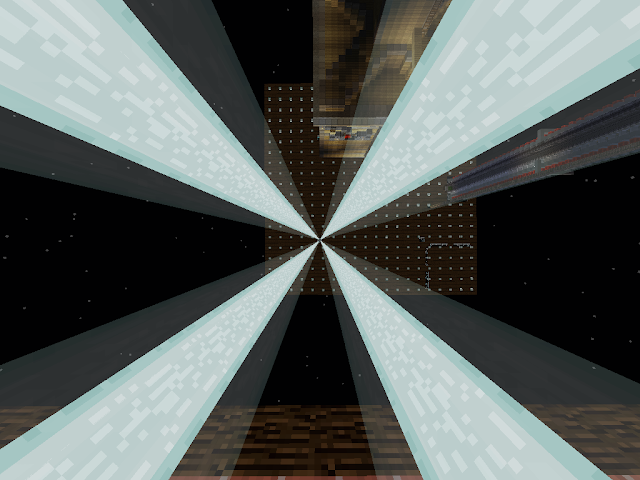 Symmetrische afbeelding van vier beacons in Minecraft, van bovenaf gezien.