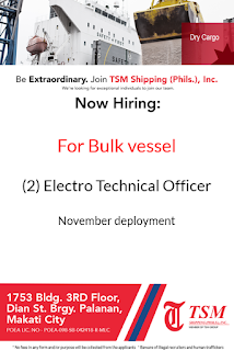 SEAMAN JOB INFO - Available hiring jobs for Electrician hardworking and passionate Filipino seafarers deployment November-December 2018 on bulk carrier vessel.