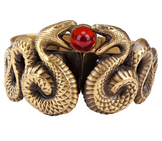 Vintage 1940's gold snake cuff bracelet with red gripoix stone in the center