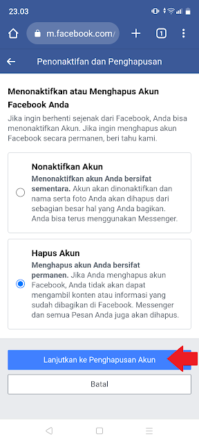 cara hapus akun fb permanen android