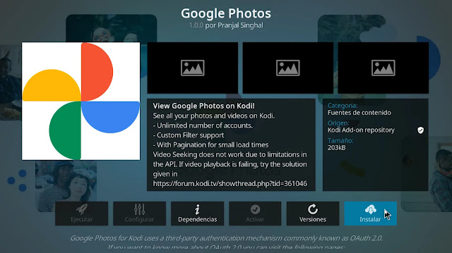 Instalar addon Google fotos Kodi