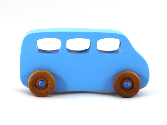 Wood Toy Minivan, Handmade and Finished with Baby Blue and Metallic Blue Acrylic Paint and Amber Shellac, Play Pal Series