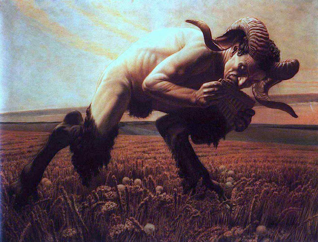 a Carlos Schwabe painting of a Satyr with Pan flute in a field