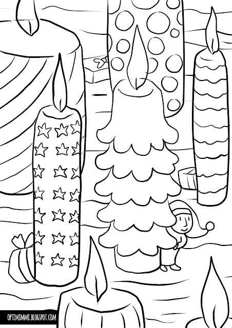 A coloring page of candles and a Christmas elf / Värityskuva kynttilöistä ja joulutontusta