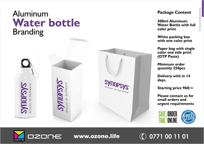 Aluminum Water Bottle Branding  500ml Aluminum Water Bottle with full color print  White packing box with one color print  Paper bag with single color one side print (OTP Paste)  Minimum order quantity 250pcs  Delivery with in 14 days.  Starting price 960/=  Please contact us for small orders and urgent requirements  #waterbottle #ozonebranding #gift #corporategift #paperbag