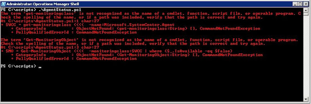 Illustrates an error that is common when using powerhsell get-monitoringclass without specifiying the appropriate variables for the script to connect to the System Center 2012 Management Server