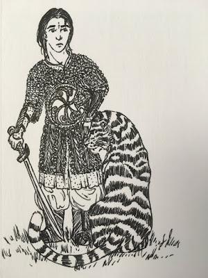 A black pen drawing of an Indian woman in Mughal armour, with a sword in one hand and her helmet in the crook of the other arm. A small tiger sits by her feet with its back to the viewer, and presses its head into her free hand.