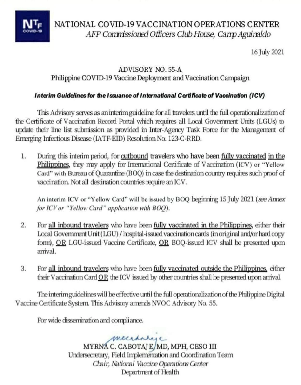 Interim Guidelines for the Issuance of International Certificate of Vaccination (ICV) or "Yellow Card" with the Bureau of Quarantine (BOQ)