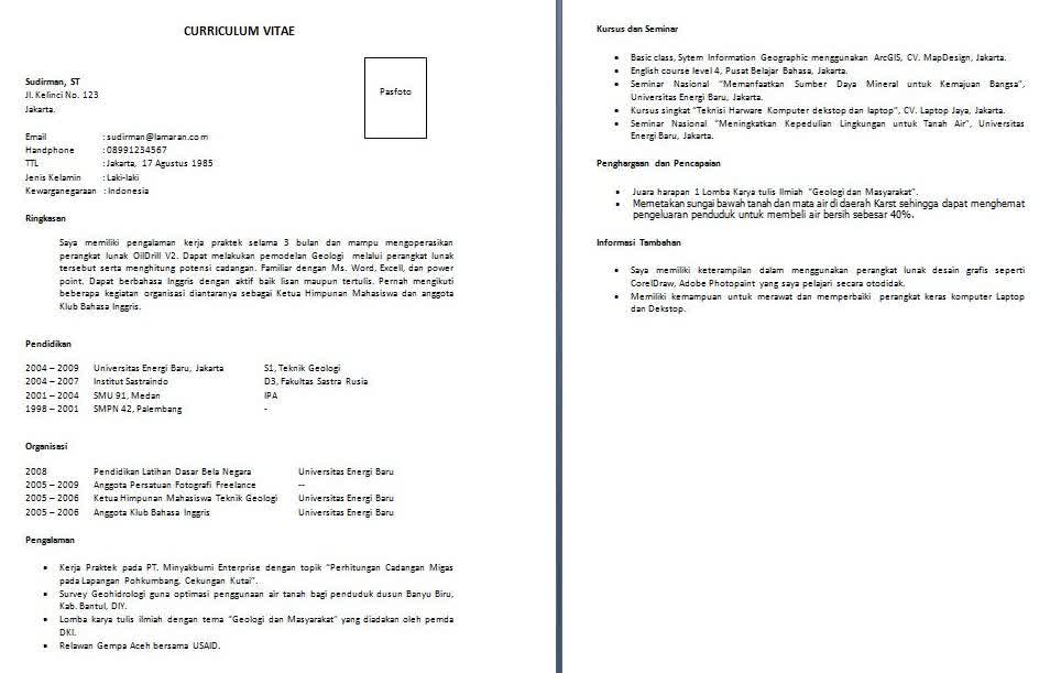 Contoh singkat curriculum vitae bahasa indonesia - Info 