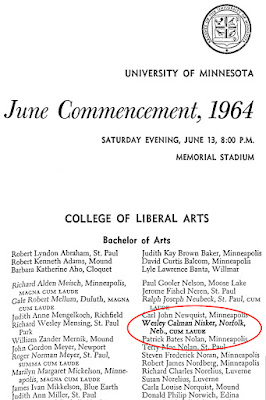 excerpt from University of Minnesota 1964 Graduation program highlighting the name Wesley Nisker