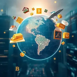 A globe made of blockchain code surrounded by tokenized assets like houses, gold, and art in a futuristic financial setting.