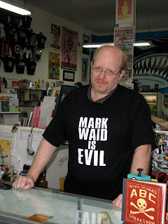 Mark Waid wearing a Mark Waid Is Evil t-shirt