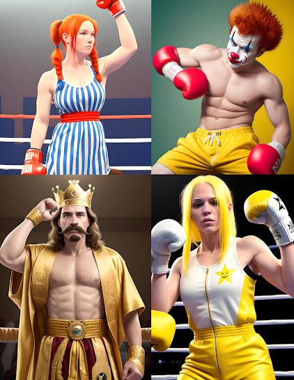 A woman with red hair and a blue and white striped dress, a clown with spiky red hair and yellow pants, a king bedecked in golden robes and athletic shorts, and a yellow haired woman with a smiling star on her chest all posing dramatically in boxing attire, ready to rep their respective brands.