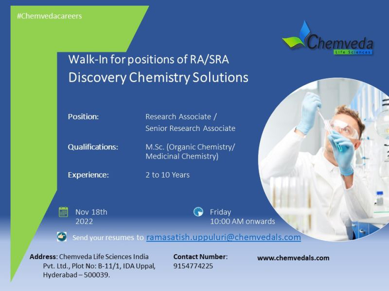 Job Availables, Chemveda Life Sciences India Pvt Ltd Walk-In Interview for MSc Organic Chemistry/ Medicinal Chemistry