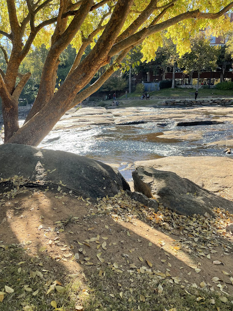 A view of the gurgling river. A tree with yellow fall leaves stands on the end of the river.