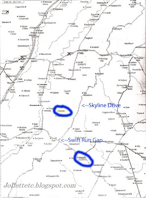Map showing travel route from Greene County to Naked Creek in Page County, VA