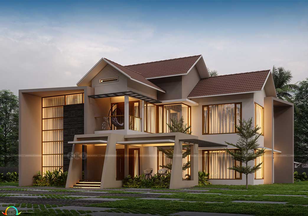 Luxurious Modern Mixed Roof House Exterior in Mud Color