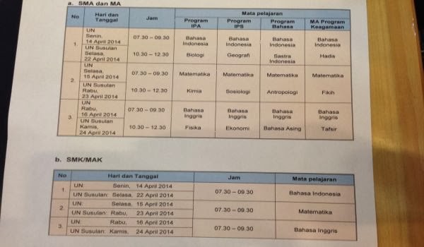 Jadwal Ujian Nasional (UN) SMA/SMK/MA/Sederajat Tahun 2014